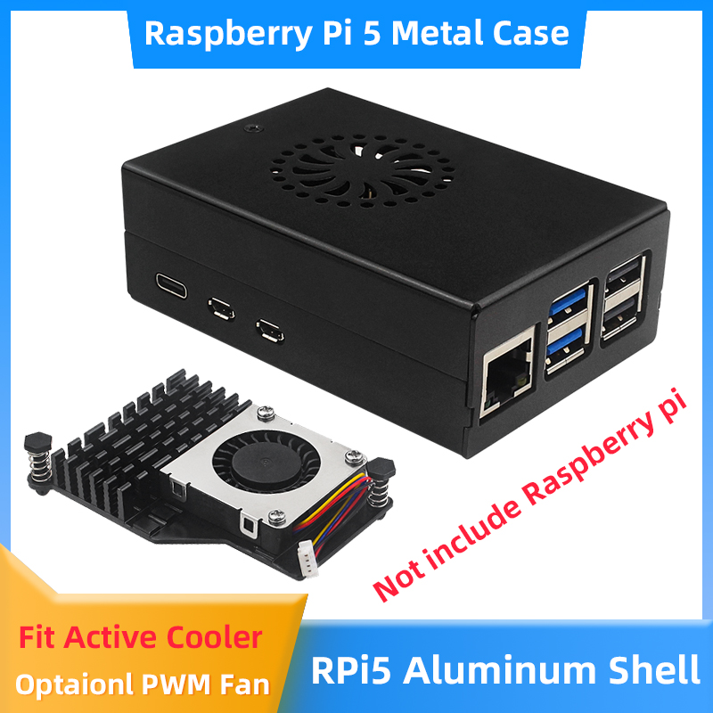 Pi 5 Case - Raspberry Pi 5 กรณีอลูมิเนียมโลหะสีดําอุปกรณ์เสริม Active Cooler